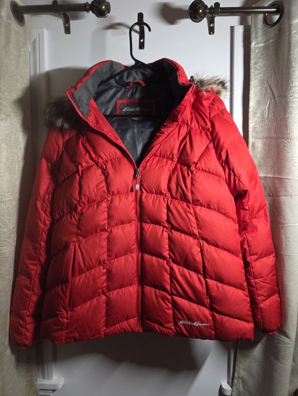 Eddie Bauer Bright Red Quilted Packable Down Jacket with Faux Fur Hood Trim